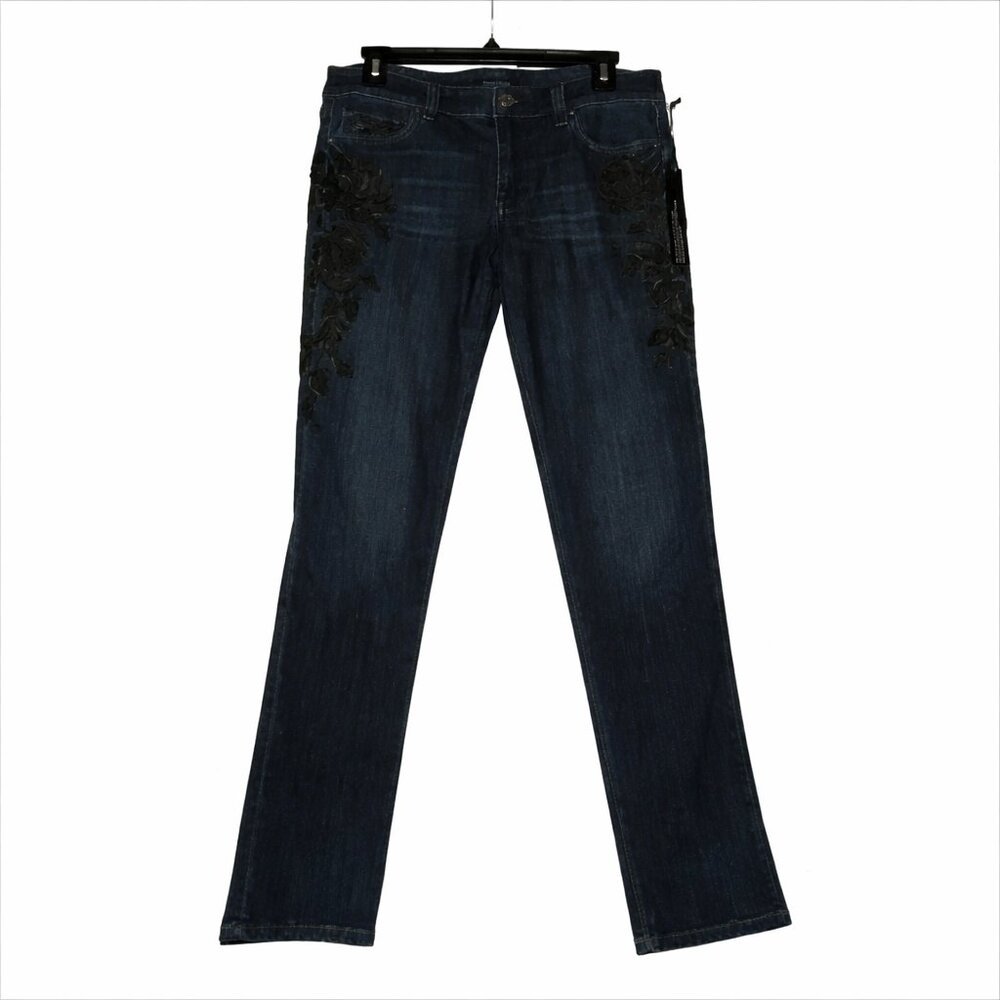 WHITE HOUSE BLACK MARKET WHBM Dark Wash Slim Leg Embroidery Jeans Size 8r
